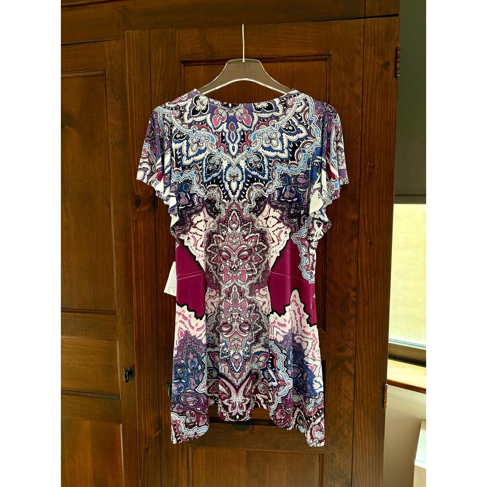 NWT One World Boho Babydoll Tunic Paisley Print Beaded Size Large Pink Purple - Picture 3 of 9